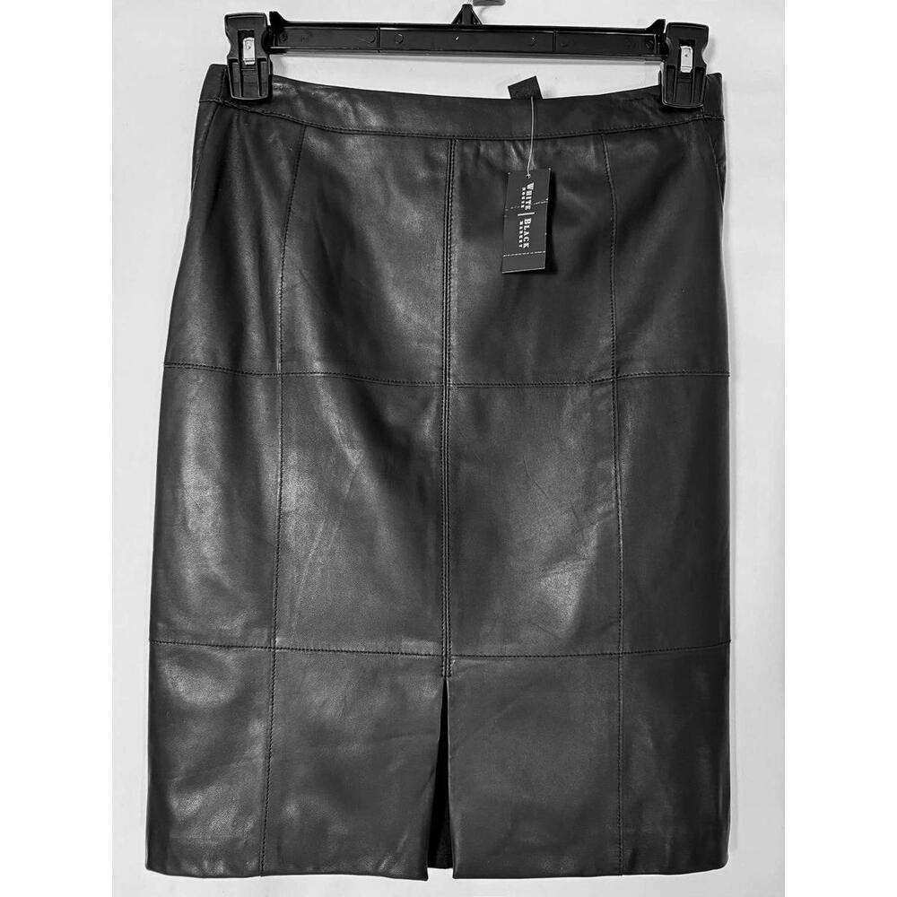 White House Black Market Black Leather Pencil Skirt Sz 00 XS with Front Slit NWT